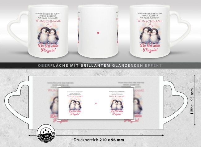 Personalisierte Partner-Tasse mit Name - Du bist mein Pinguin - mit Herzhenkel