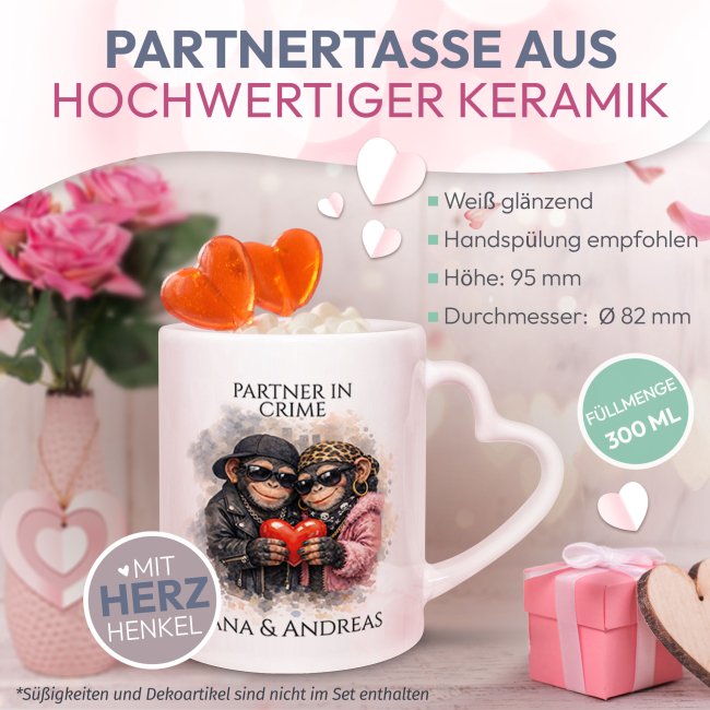 Personalisierte Partner-Tasse mit Namen - Partner in Crime - Schimpansen - mit Herzhenkel