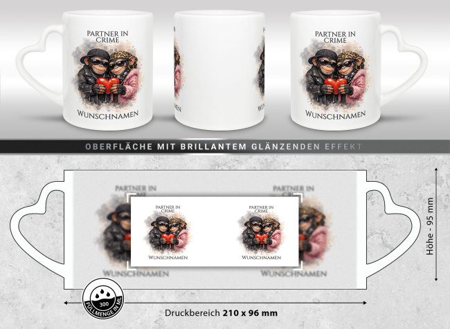 Personalisierte Partner-Tasse mit Namen - Partner in Crime - Schimpansen - mit Herzhenkel