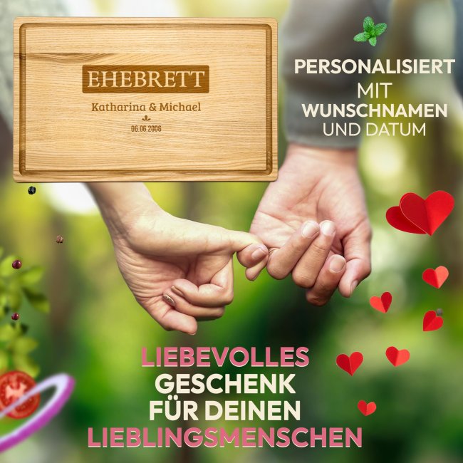 Gro&szlig;es Schneidebrett mit Gravur - Ehebrett - mit Namen &amp; Datum - 40 x 25 cm