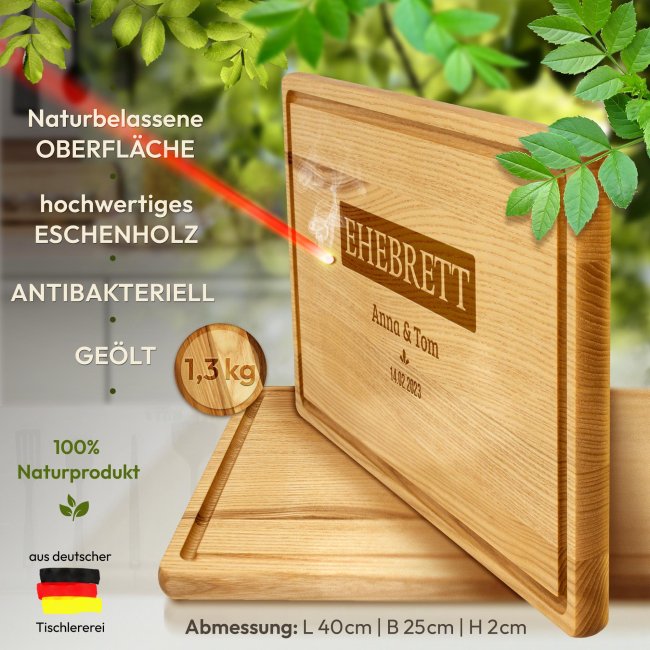 Gro&szlig;es Schneidebrett mit Gravur - Ehebrett - mit Namen &amp; Datum - 40 x 25 cm