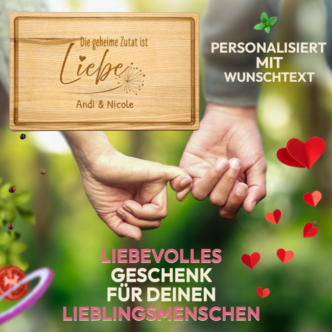 Gro&szlig;es Schneidebrett mit Gravur - Geheime Zutat ist Liebe - mit Wunschtext - 40 x 25 cm