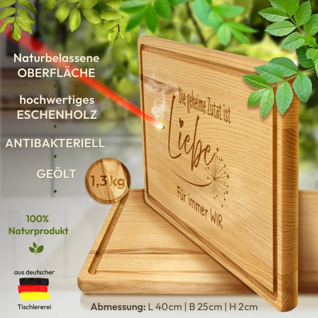 Gro&szlig;es Schneidebrett mit Gravur - Geheime Zutat ist Liebe - mit Wunschtext - 40 x 25 cm