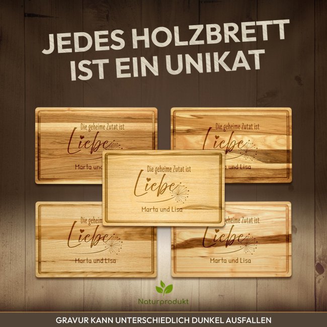 Gro&szlig;es Schneidebrett mit Gravur - Geheime Zutat ist Liebe - mit Wunschtext - 40 x 25 cm