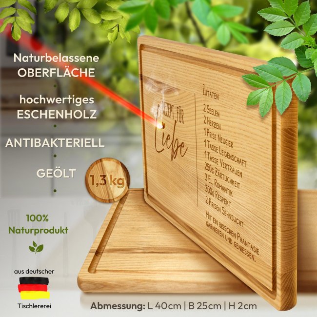 Gro&szlig;es Schneidebrett mit Gravur - Rezept f&uuml;r Liebe - 40 x 25 cm