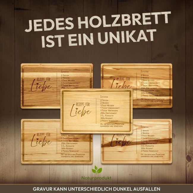 Gro&szlig;es Schneidebrett mit Gravur - Rezept f&uuml;r Liebe - 40 x 25 cm
