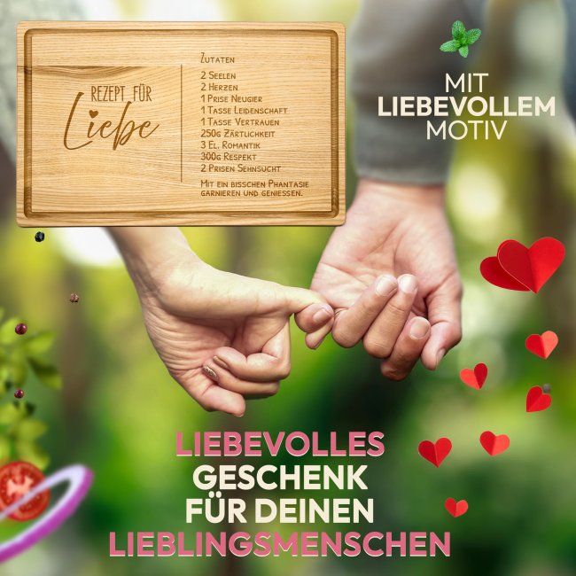 Gro&szlig;es Schneidebrett mit Gravur - Rezept f&uuml;r Liebe - 40 x 25 cm