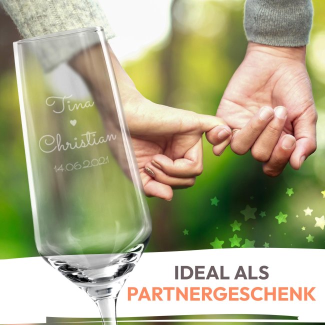 Sektglas mit Gravur - Herz - mit Namen &amp; Datum