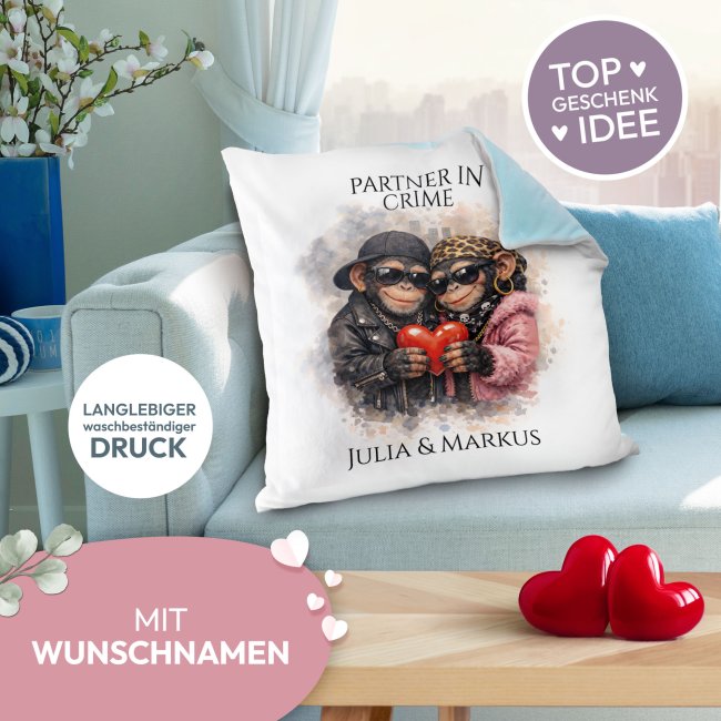 Flauschiges Kissen - Partner in Crime - Schimpansen - mit Namen - Hellblau Flauschig