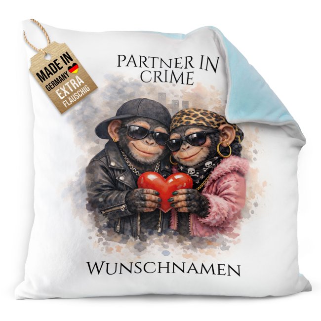 Flauschiges Kissen - Partner in Crime - Schimpansen - mit Namen - Hellblau Flauschig