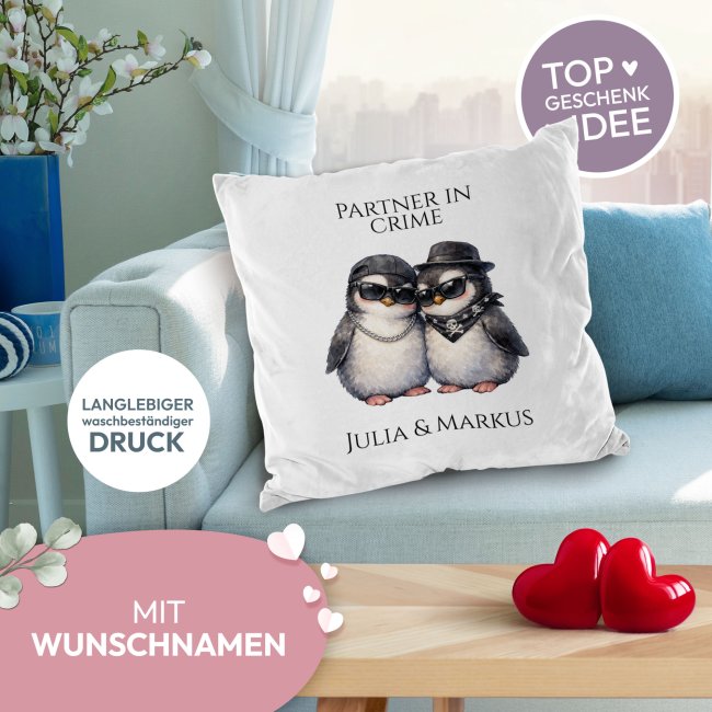 Flauschiges Kissen - Partner in Crime - Pinguine - mit Namen