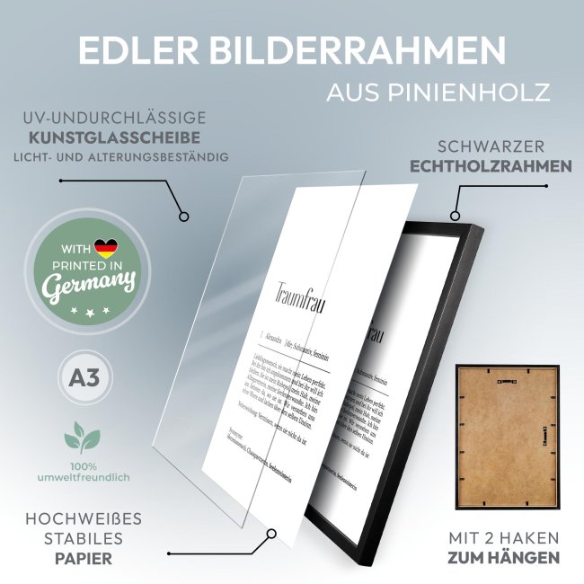 Fotodruck mit Bilderrahmen - Duden Traumfrau - mit Name - 200 g/m&sup2; Fotopapier, A3 Hochformat, schwarzer Rahmen