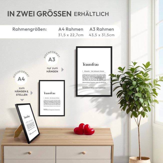 Fotodruck mit Bilderrahmen - Duden Traumfrau - mit Name - 200 g/m&sup2; Fotopapier, A3 Hochformat, schwarzer Rahmen