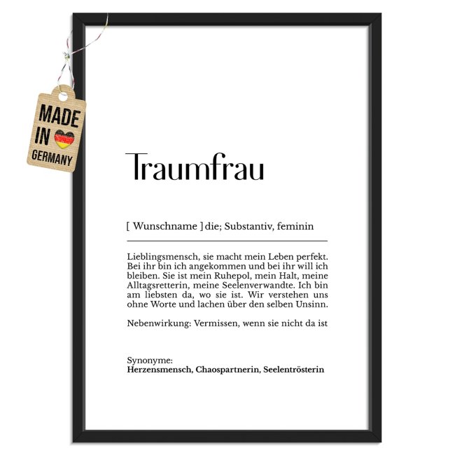 Fotodruck mit Bilderrahmen - Duden Traumfrau - mit Name - 200 g/m&sup2; Fotopapier, A3 Hochformat, schwarzer Rahmen