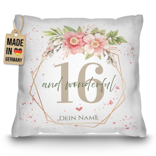 Kissen zum 16. Geburtstag - Wonderful mit Blumen-Kranz - mit Name
