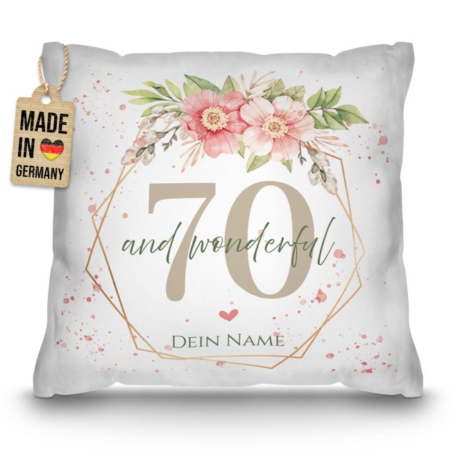 Kissen zum 70. Geburtstag - Wonderful mit Blumen-Kranz - mit Name