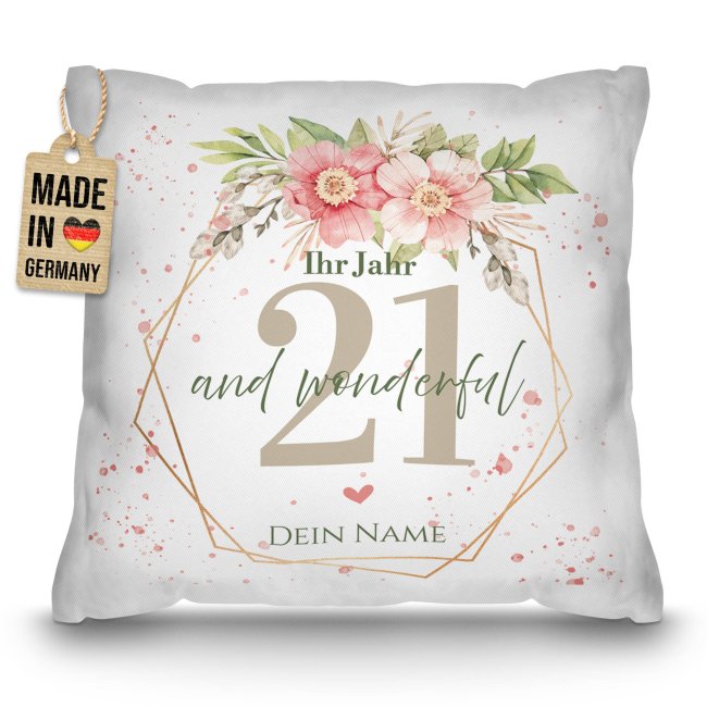 Kissen zum Geburtstag - Wonderful mit Blumen-Kranz - mit Name &amp; Zahl