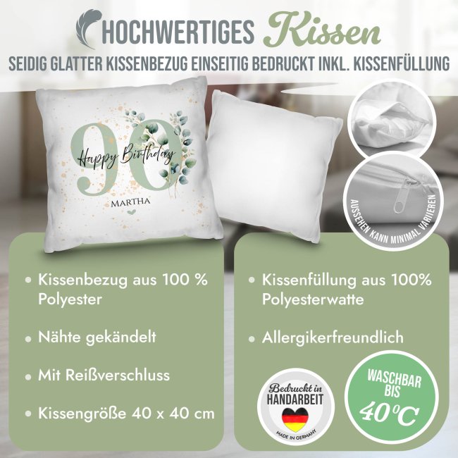 Kissen zum 90. Geburtstag - Happy Birthday - mit Name - Weiß