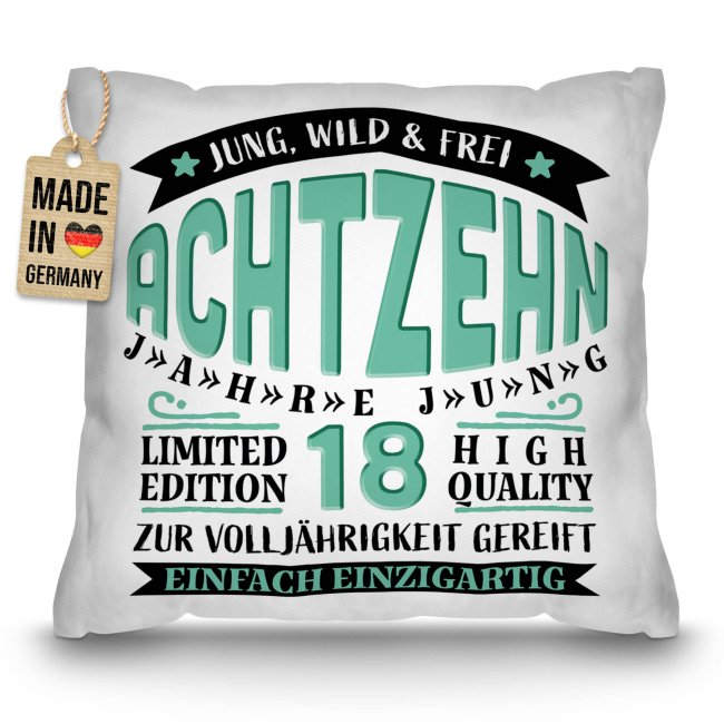 Kissen zum 18. Geburtstag - Jung, Wild &amp; Frei