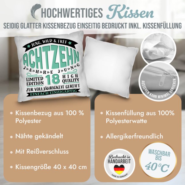 Kissen zum 18. Geburtstag - Jung, Wild & Frei - Weiß