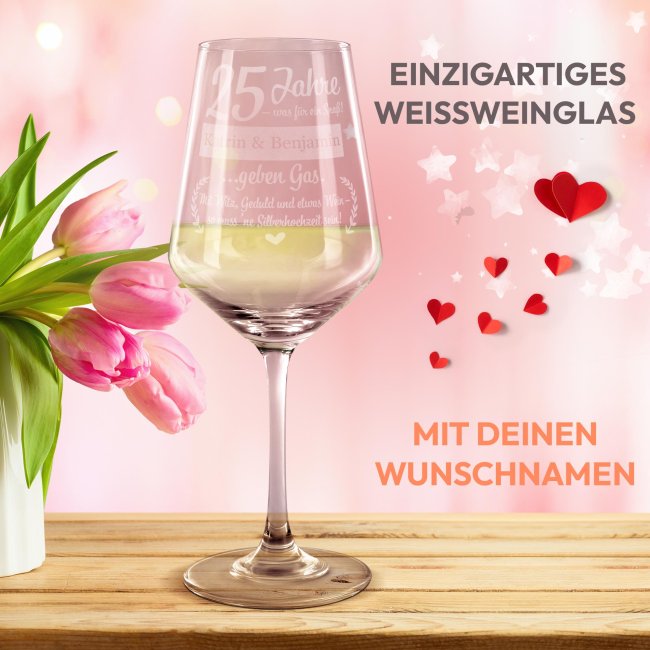 Wei&szlig;weinglas mit Gravur zur Silberhochzeit - 25 Jahre - was f&uuml;r ein Spa&szlig; - mit Name