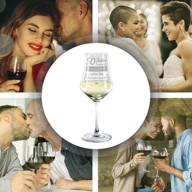 Wei&szlig;weinglas mit Gravur - Goldene Hochzeit - 50 Jahre - was f&uuml;r ein Spa&szlig; - mit Name