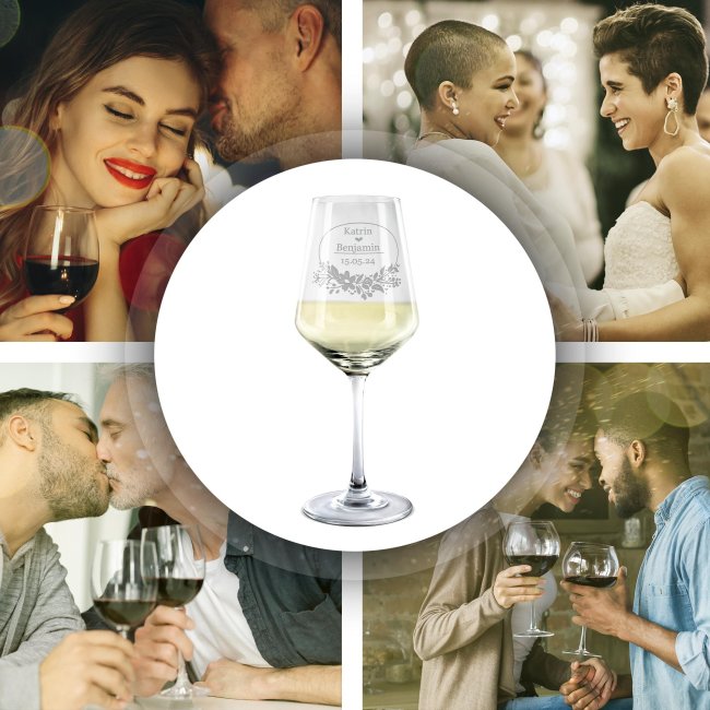 Wei&szlig;weinglas mit Gravur - Kranz - mit Namen &amp; Datum