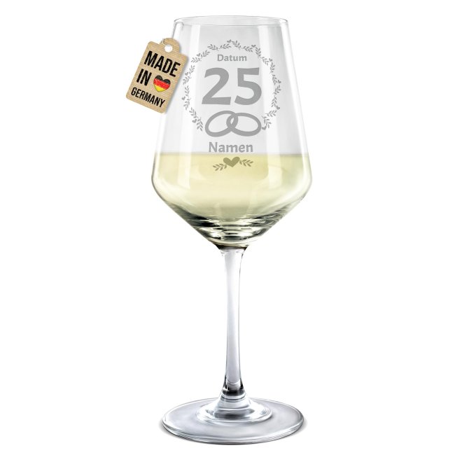 Wei&szlig;weinglas mit Gravur zur Silberhochzeit - 25 Jahre - Ringe - mit Name