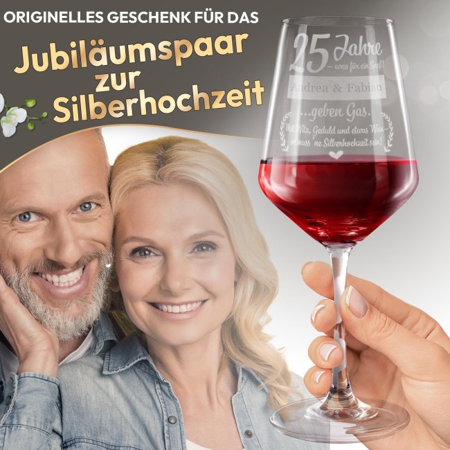 Rotweinglas mit Gravur zur Silberhochzeit - 25 Jahre - was f&uuml;r ein Spa&szlig; - mit Name