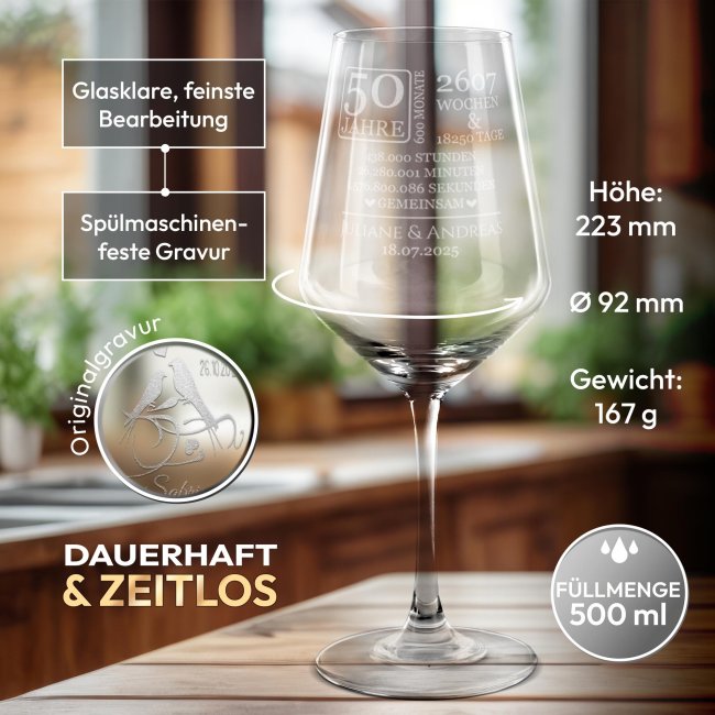 Rotweinglas mit Gravur - Goldene Hochzeit - 50 Jahre gemeinsam - mit Name &amp; Datum
