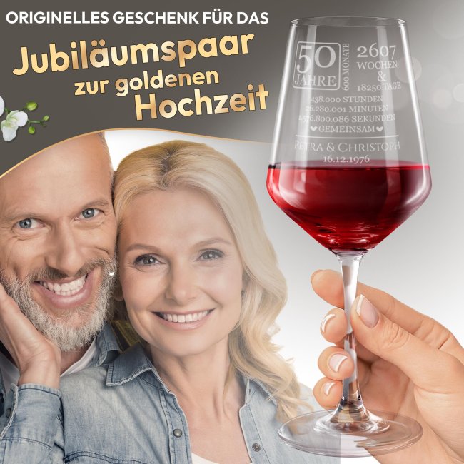 Rotweinglas mit Gravur - Goldene Hochzeit - 50 Jahre gemeinsam - mit Name &amp; Datum