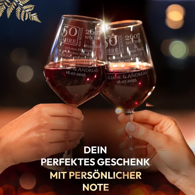 Rotweinglas mit Gravur - Goldene Hochzeit - 50 Jahre gemeinsam - mit Name &amp; Datum