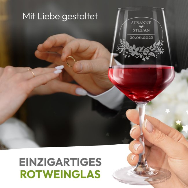 Rotweinglas mit Gravur - Kranz - mit Namen &amp; Datum