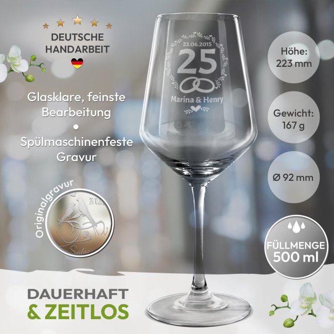 Rotweinglas mit Gravur - Ringe - mit Name