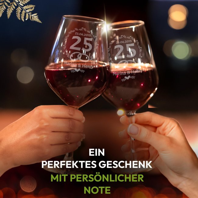 Rotweinglas mit Gravur - Ringe - mit Name