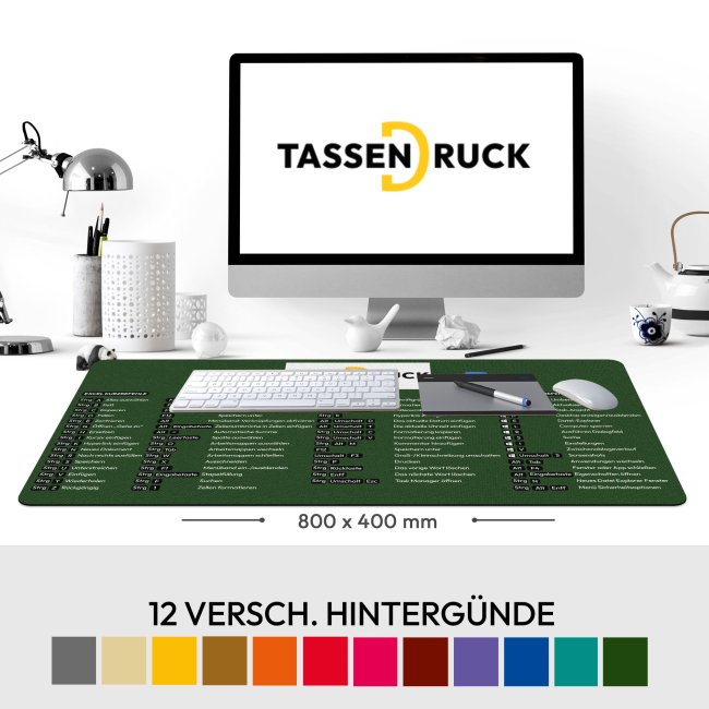 XXL Schreibtischunterlage mit Shortcuts - Excel, Word, Windows - 800 x 400 mm - Gr&uuml;n