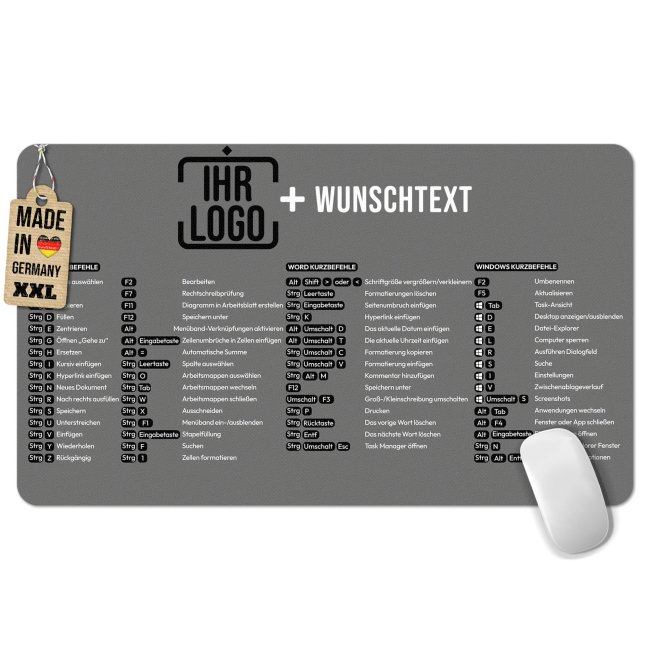 XXL Mousepad mit Logo &amp; Text gestalten - Shortcuts Excel, Word, Windows - 600 x 350 mm
