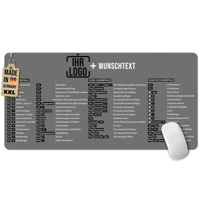 XXL Mousepad mit Logo &amp; Text gestalten - Shortcuts Excel, Word, Windows - 800 x 400 mm