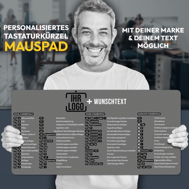 XXL Mousepad mit Logo &amp; Text gestalten - Shortcuts Excel, Word, Windows - 800 x 400 mm