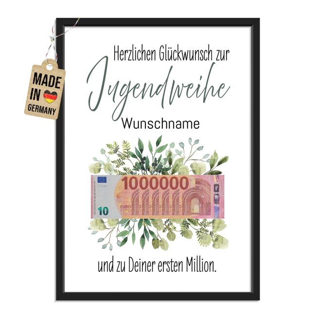 Fotodruck mit Bilderrahmen zur Jugendweihe - Deine erste Million - mit Name
