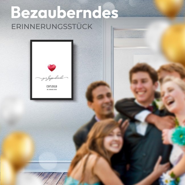 Fotodruck mit Bilderrahmen zur Jugendweihe - Herz - mit Name &amp; Datum