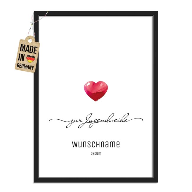 Fotodruck mit Bilderrahmen zur Jugendweihe - Herz - mit Name &amp; Datum