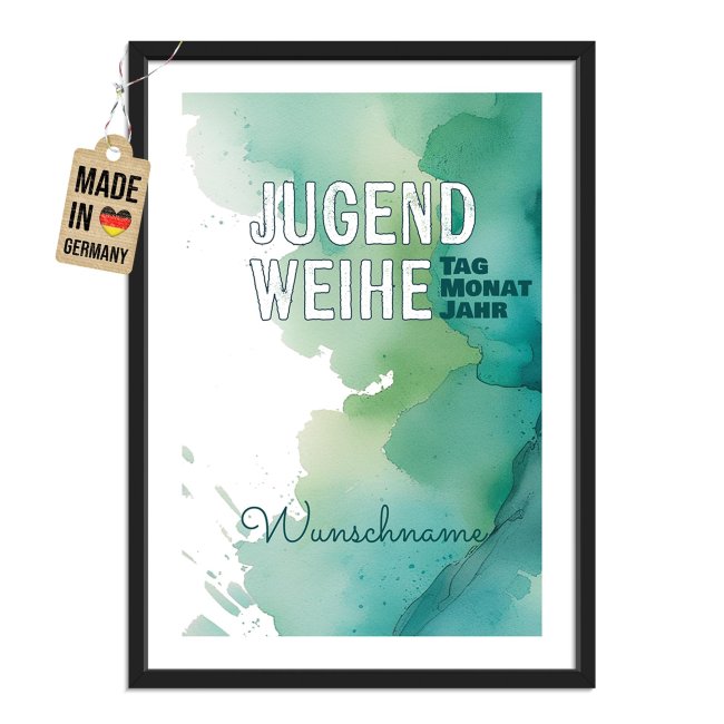 Fotodruck mit Bilderrahmen zur Jugendweihe - Aquarell gr&uuml;n - mit Namen &amp; Daten