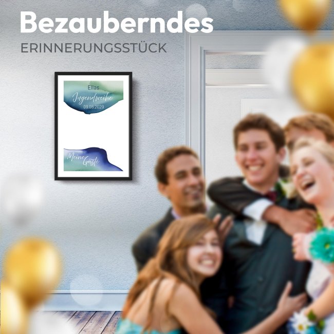 Fotodruck mit Bilderrahmen zur Jugendweihe - Meine G&auml;ste, gr&uuml;n - mit Name &amp; Datum