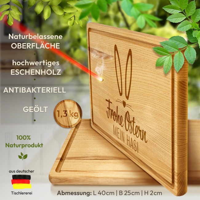 Gro&szlig;es Schneidebrett mit Gravur - Frohe Ostern mein Hasi - 40 x 25 cm