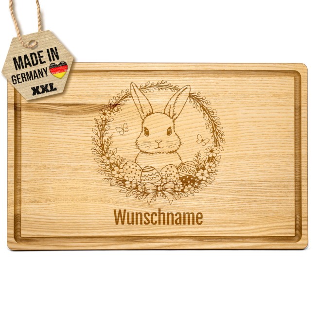 Gro&szlig;es Schneidebrett mit Gravur - Osterkranz Hase - mit Name - 40 x 25 cm