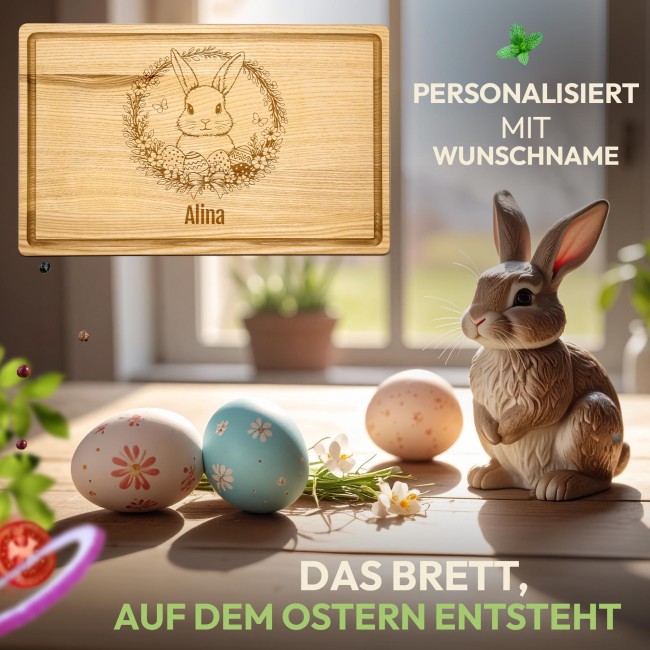 Gro&szlig;es Schneidebrett mit Gravur - Osterkranz Hase - mit Name - 40 x 25 cm