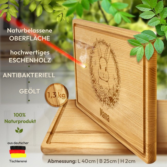 Gro&szlig;es Schneidebrett mit Gravur - Osterkranz Hase - mit Name - 40 x 25 cm