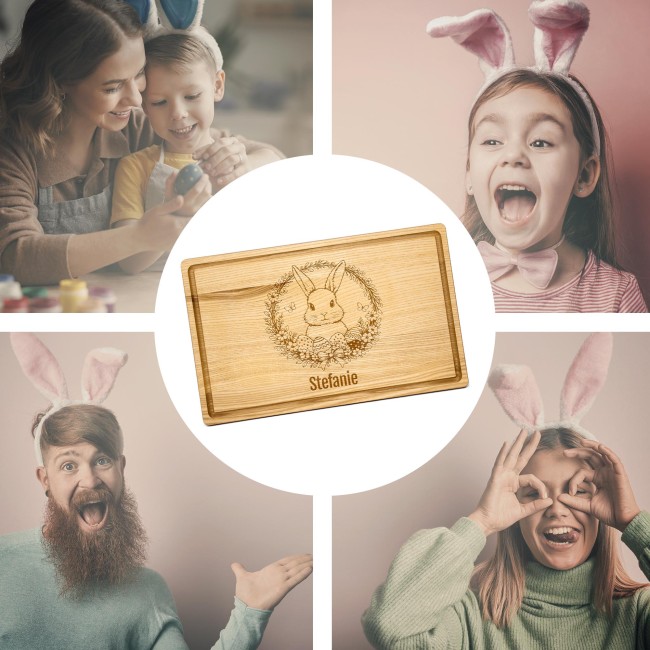 Gro&szlig;es Schneidebrett mit Gravur - Osterkranz Hase - mit Name - 40 x 25 cm