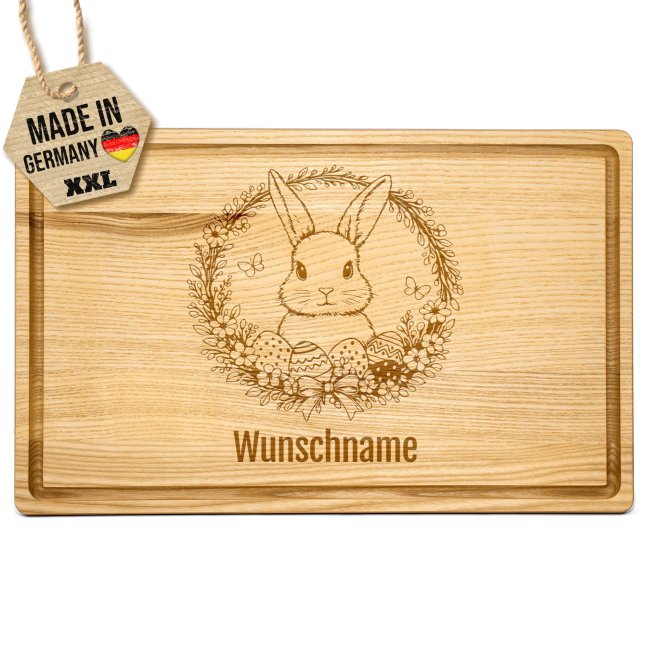 Gro&szlig;es Schneidebrett mit Gravur - Osterkranz Hase - mit Name - 40 x 25 cm